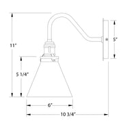 Wall sconce diagram with black shade and curved arm; 11 in tall, 6 in wide.