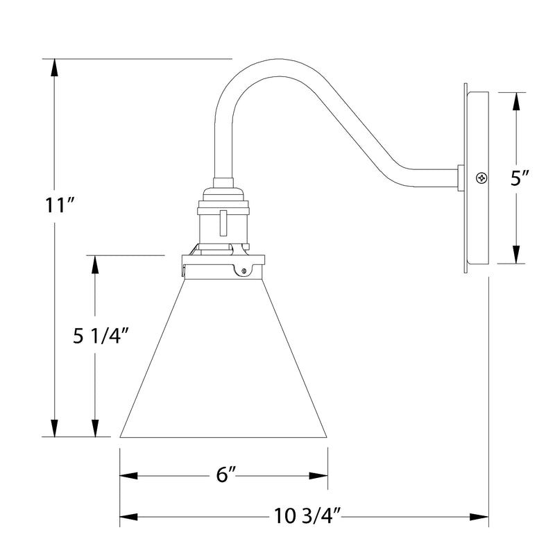 Uno wall sconce diagram with dark cone shade, backplate, and 5 in wall mount height