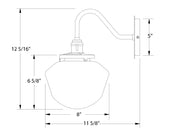 Wall sconce diagram: white 8 in glass shade, 12 5/16 in height, 5 in arm