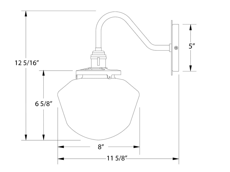 Wall sconce diagram with 8-inch shade, brushed brass finish, white glass
