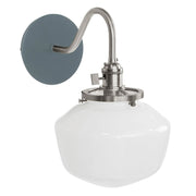 Slate gray 8 in wall sconce with brushed nickel arm and round glass shade