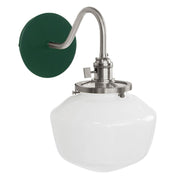 Uno 8-in wall sconce with forest green backplate, brushed nickel arm, clear glass shade