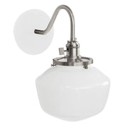 White 8 in wall sconce with brushed nickel arm and glass shade