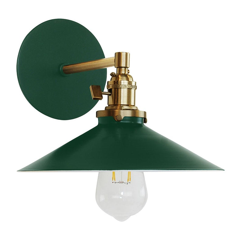 Forest green wall sconce with brushed brass hardware, flared shade, and clear glass bulb