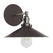 Wall sconce with dark bronze backplate and conical shade, clear glass bulb, metal arm