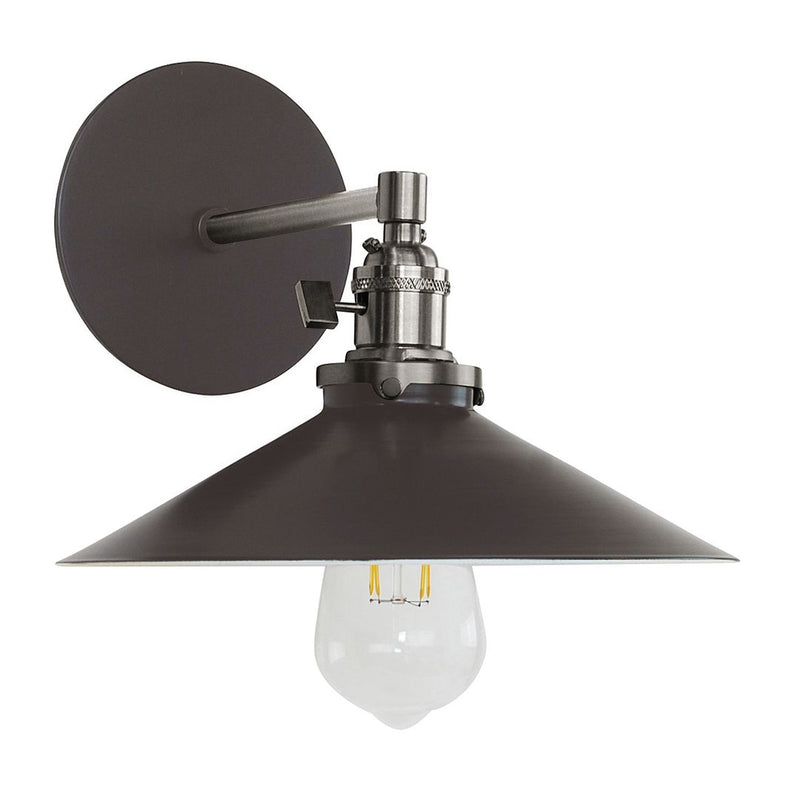 Wall sconce with dark bronze backplate and conical shade, clear glass bulb, metal arm