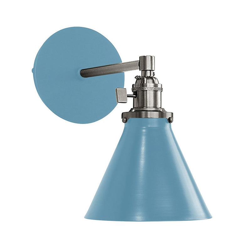 Light blue conical wall sconce with brushed nickel backplate and mounting arm