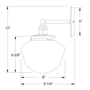 Wall sconce dimension diagram: 12" height, 8" width, brushed brass and white glass.