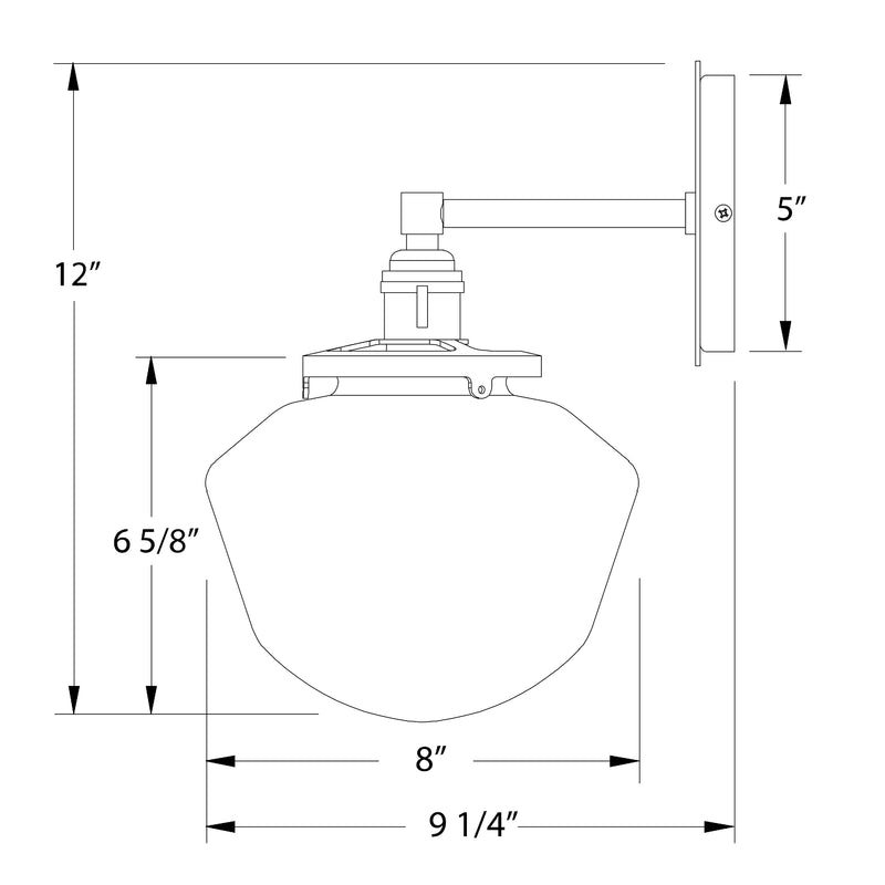 Wall sconce dimension diagram: 12" height, 8" width, brushed brass and white glass.