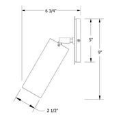 Adjustable wall sconce diagram: vermillion shade, 5 in x 9 in, brushed brass mount