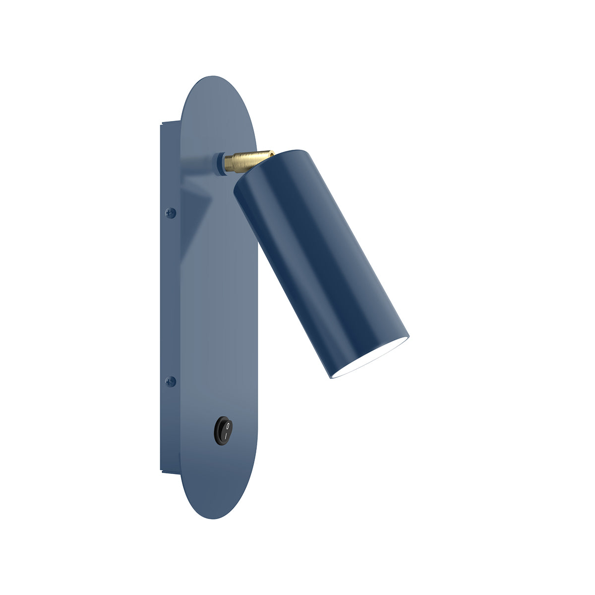 Martin adjustable wall sconce with navy round backplate and angled cylindrical shade