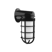 Black wall light fixture with caged glass shade and protective guard