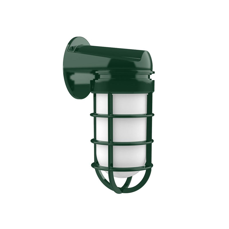 Forest green wall light with cylindrical lantern cage and clear glass shade