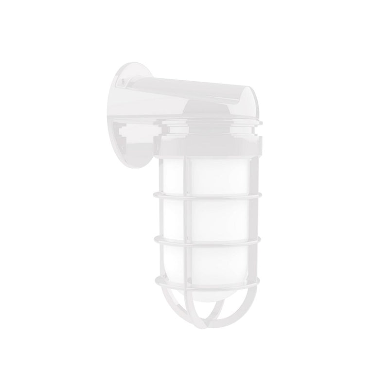White wall-mounted vapor-tight light fixture with frosted globe and protective frame