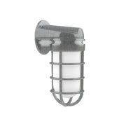 Painted galvanized wall light with frosted glass and metal cage guard, sconce style