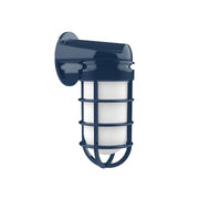 Vaportite navy wall light with frosted glass cylinder and metal cage guard