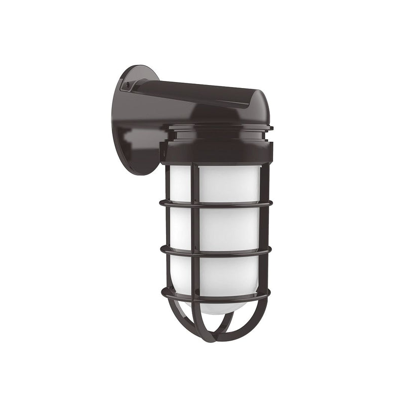 Architectural bronze wall light with frosted glass cylinder and decorative metal cage