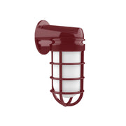 Barn red wall light with caged glass shade and curved mounting bracket