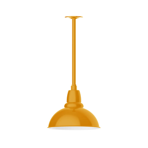 Bright yellow stem-mount pendant light with domed shade.