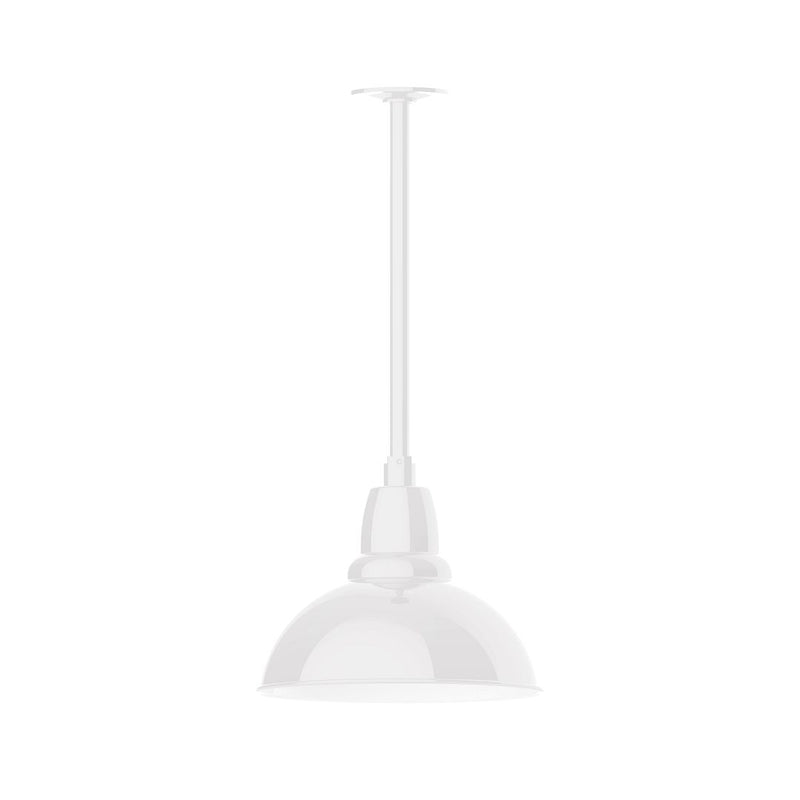 White LED stem mount pendant light with bell-shaped shade and ceiling canopy