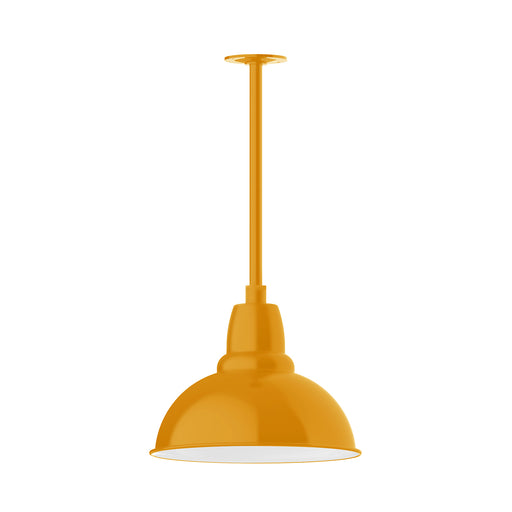 Bright yellow stem mount pendant with round dome shade, open bottom.