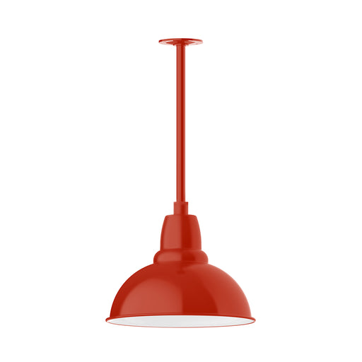 Vermillion stem-mount pendant light with bell-shaped shade and vertical rod.