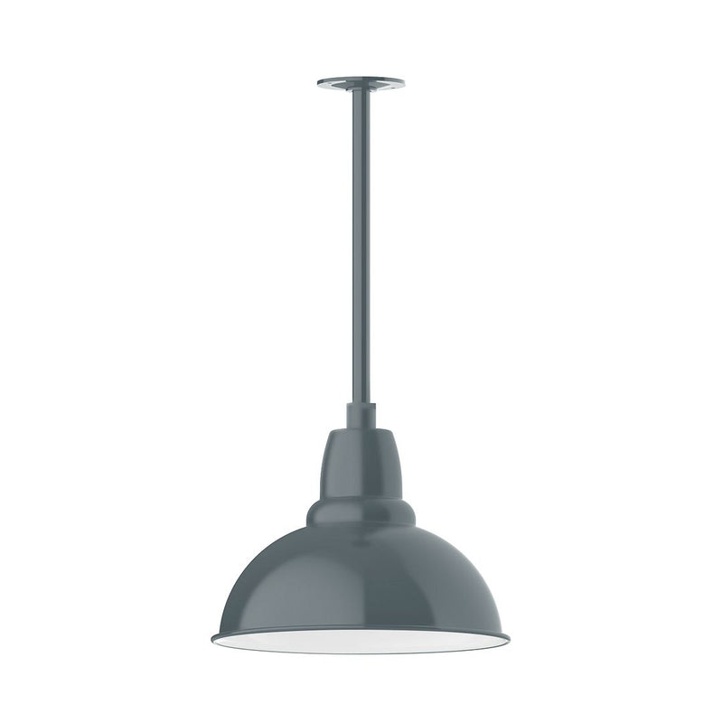 Slate gray LED pendant light with round dome shade and vertical stem mount