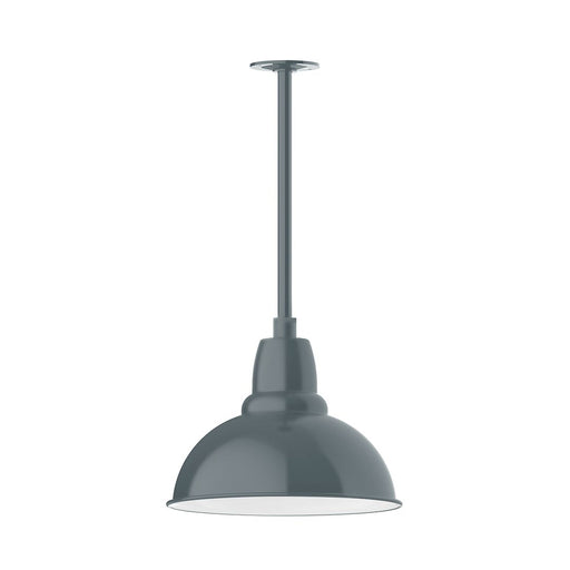 Slate gray LED pendant light with round dome shade and vertical stem mount