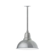 Painted galvanized LED stem pendant with bell shade and stacked stem, light gray finish.