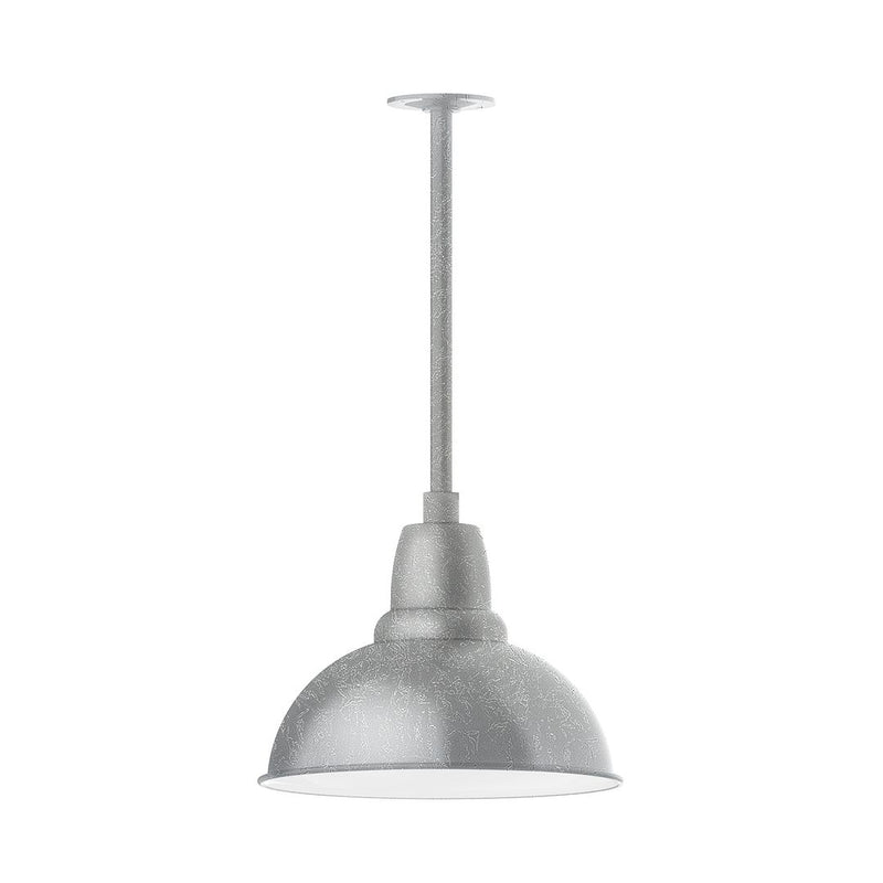 Painted galvanized LED stem pendant with bell shade and stacked stem, light gray finish.