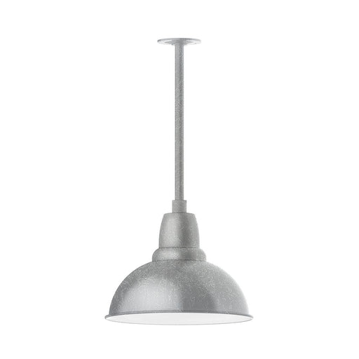 Painted galvanized LED stem pendant with bell shade and stacked stem, light gray finish.