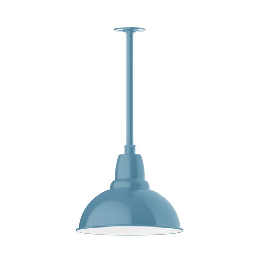 Light blue LED pendant light with dome shade and stem mount