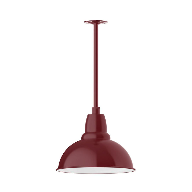 Barn red stem-mount pendant with round metal dome shade and flat underside