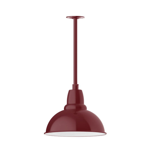 Barn red stem-mount pendant with round metal dome shade and flat underside