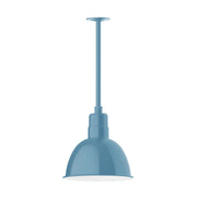 Light blue pendant light with deep bowl shade and straight stem mount