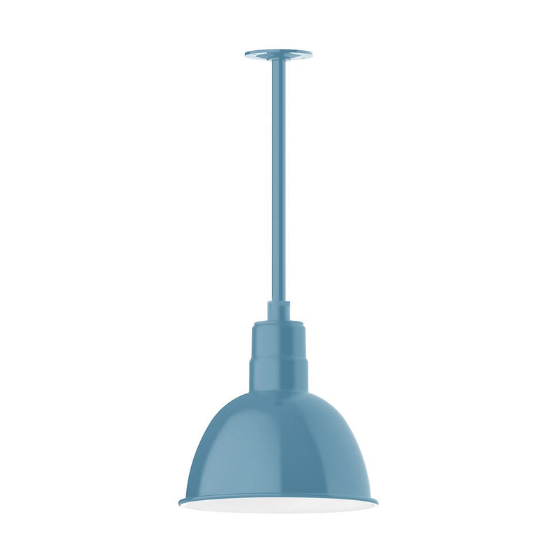 Light blue pendant light with deep bowl shade and straight stem mount