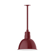 Barn-red deep bowl pendant light with straight stem and ceiling canopy