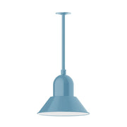 Light blue LED stem mount pendant light with bell-shaped shade and hanging stem.