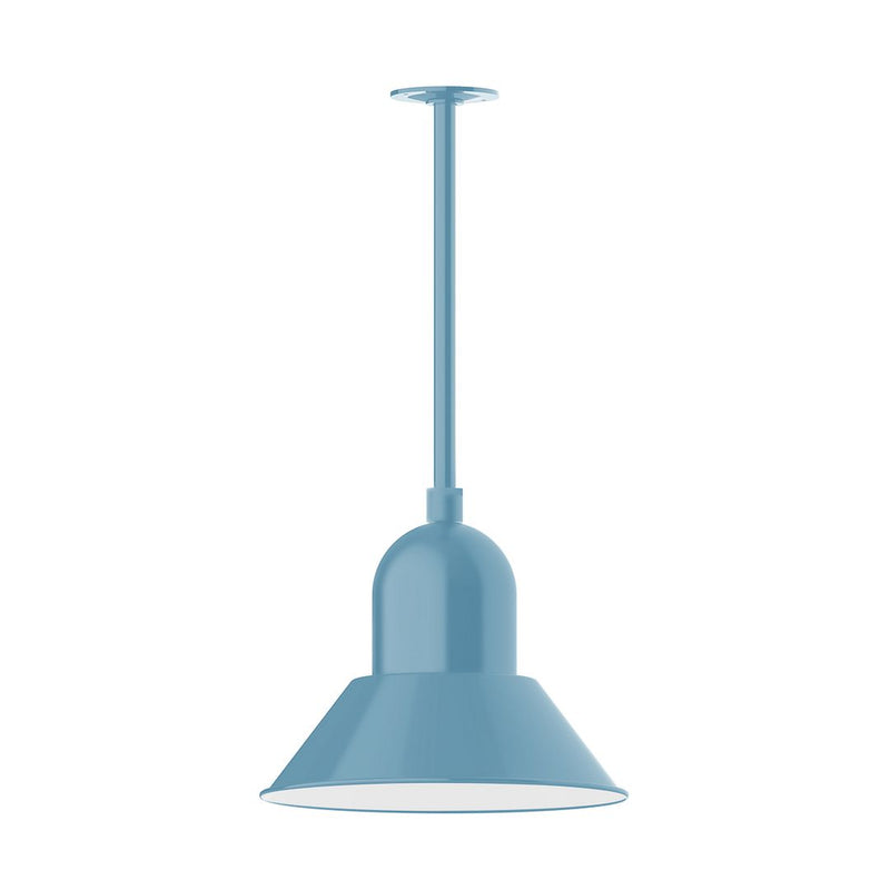 Light blue LED stem mount pendant light with bell-shaped shade and straight hanging stem.