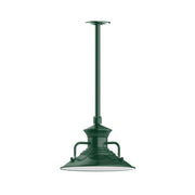 Forest green stem-mounted pendant light with lantern-style glass shade