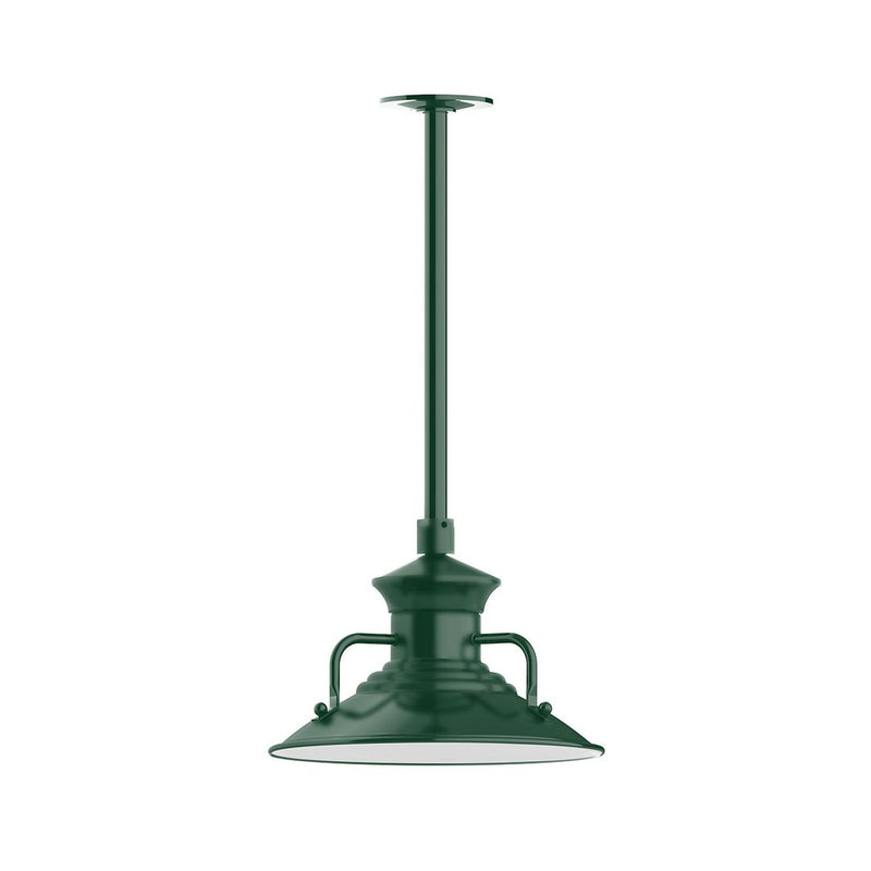 Forest green stem-mounted pendant light with lantern-style glass shade