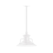 White stem-mount LED pendant light with decorative lantern-style housing