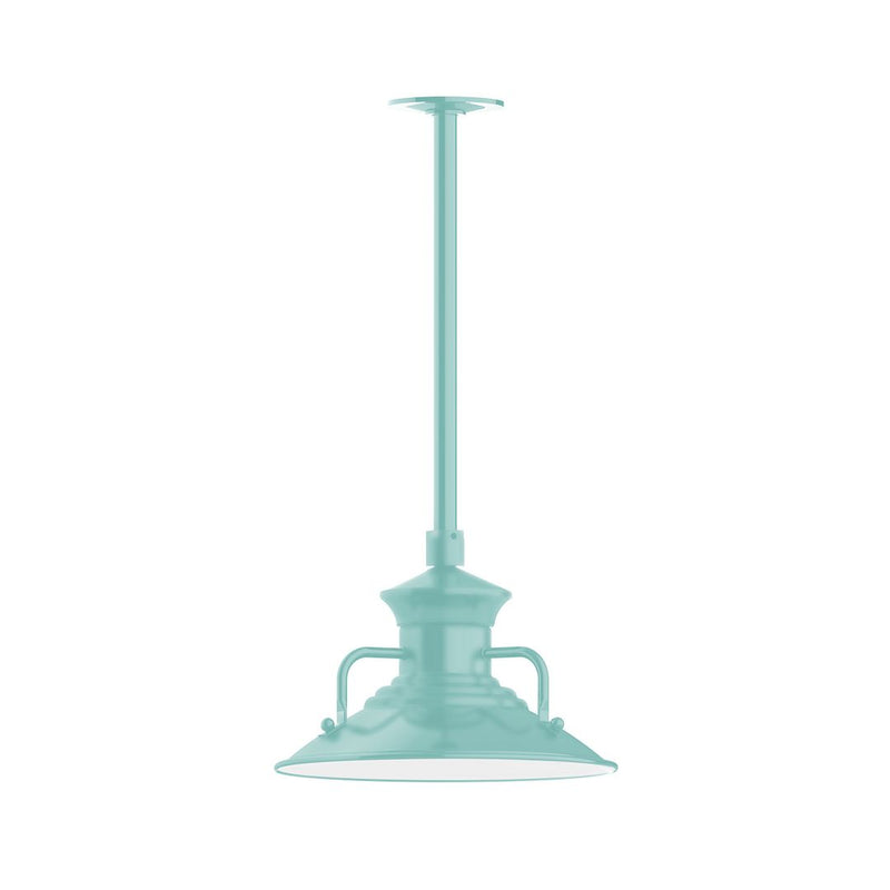 Sea green stem-mount pendant light with wide bell shade and decorative base