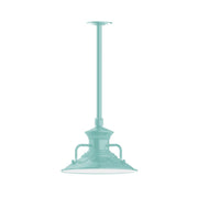 Sea green LED stem pendant light with wide bell shade and canopy base