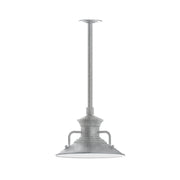 Painted galvanized LED pendant light with round dome shade on straight stem, light gray
