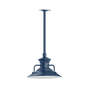 Navy stem-mount pendant light with flared base and curved side handle bars