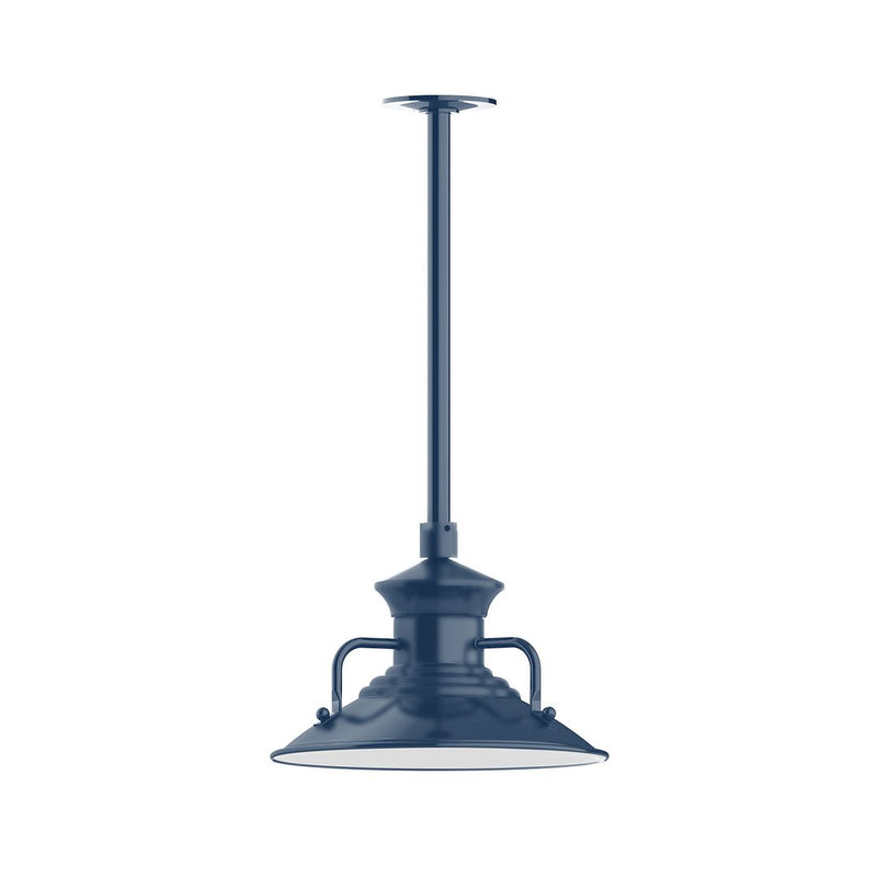 Navy stem-mount pendant light with lantern-style shade and curved metal frame