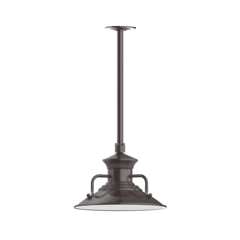Architectural bronze LED pendant light with straight stem and lantern-style shade