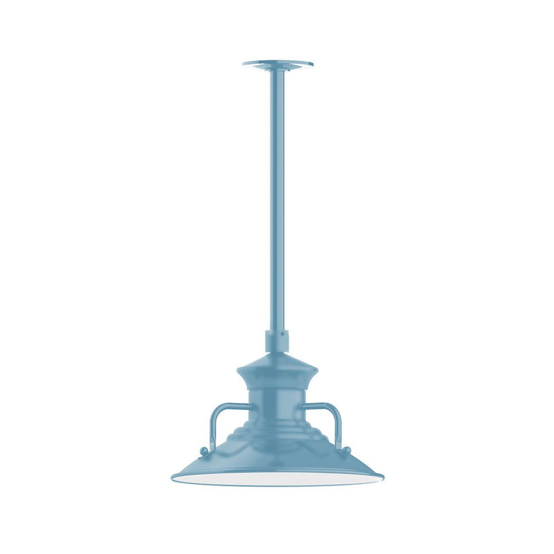 Light blue LED pendant light with straight stem and arched top frame