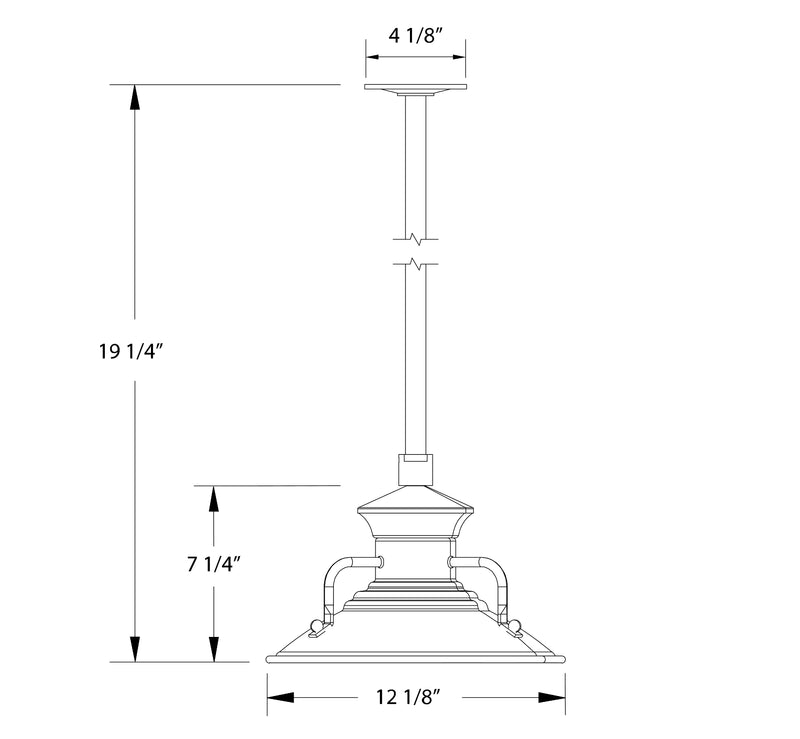 Black pendant light stem mount with lantern and size dimensions shown
